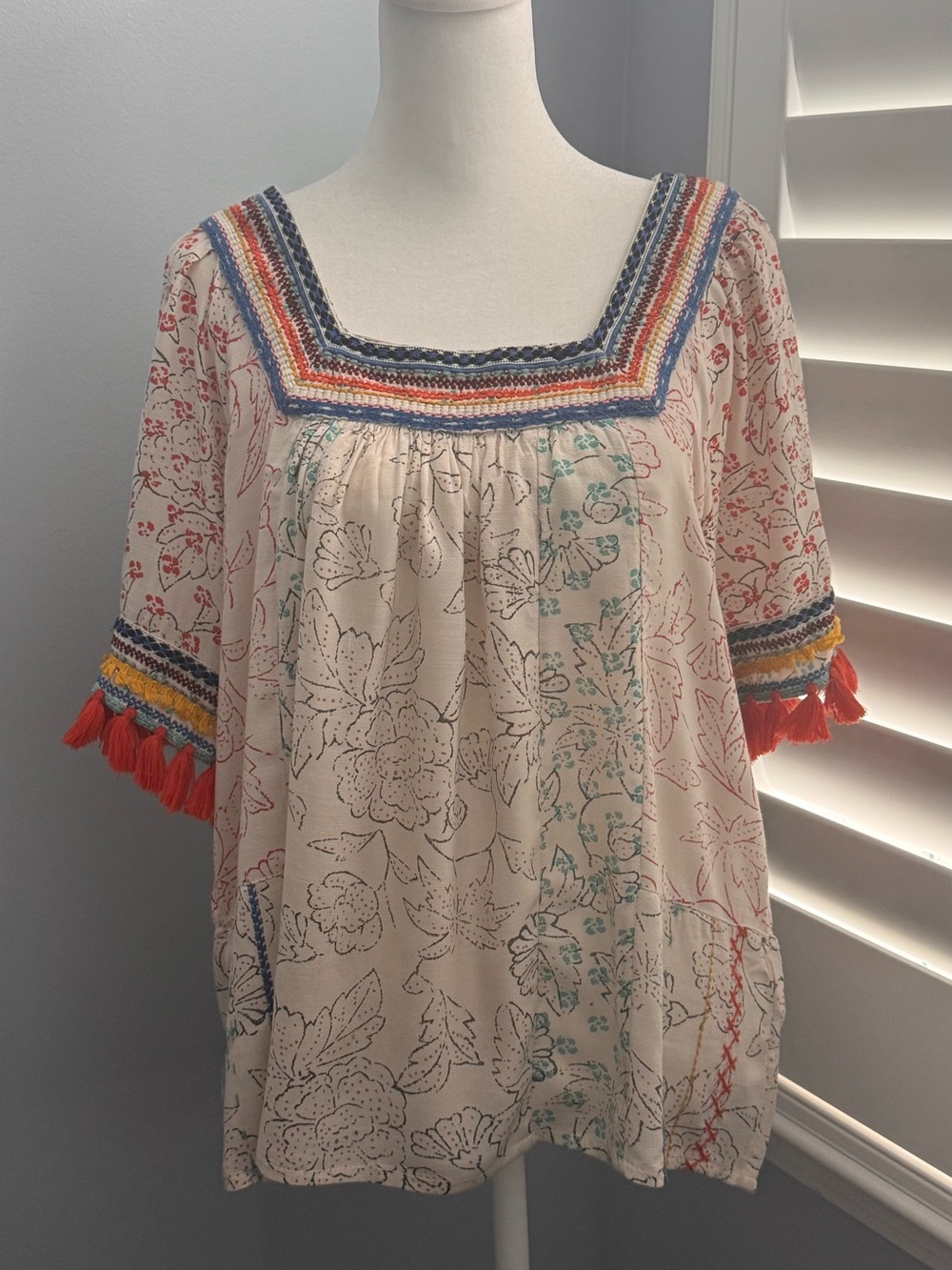 Anthropologie Maeve Paolina Puff Sleeve Tassel Trim Square-Neck Blouse